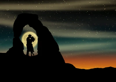 Silhouette romantique d'un couple s'embrassant sous la lune