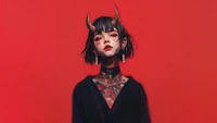 Stylized Demon Girl with Tattoos and Horns