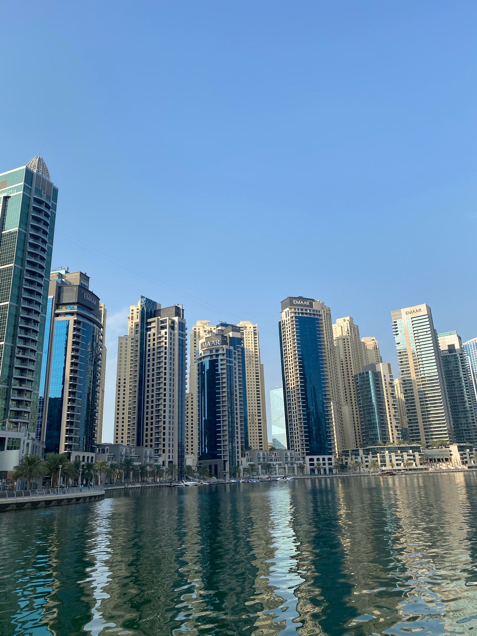 Vista de jirafa de un horizonte urbano com um corpo de água (dubái, dubai, bloque de torre, día, ciudad)