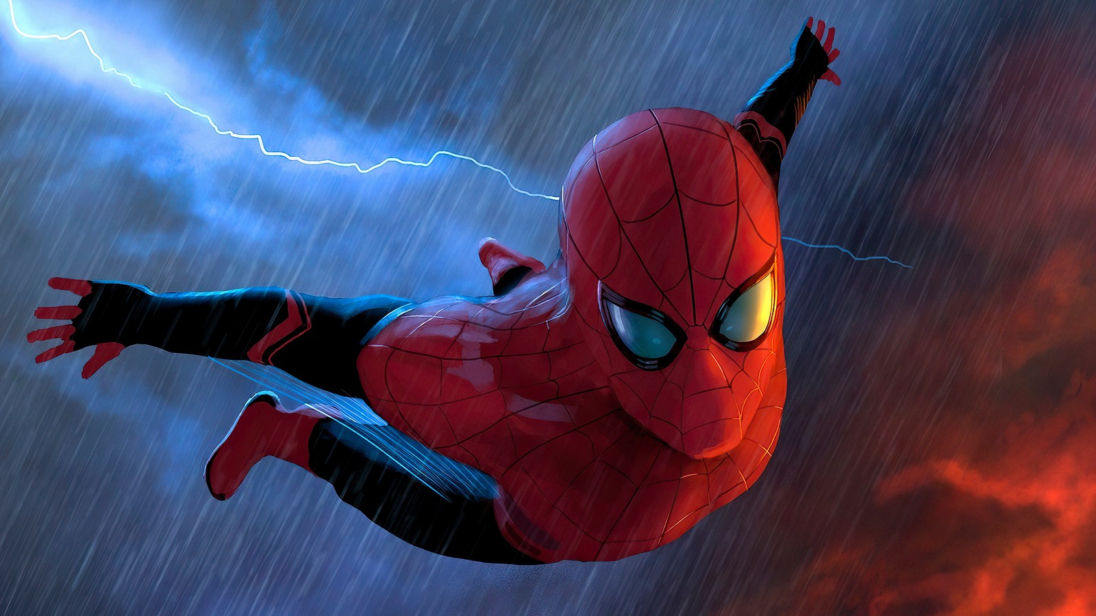 Spider-man sous la pluie avec un éclair venant de derrière lui (spider man, bandes dessinées, marvel comics)