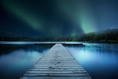 wooden pier, jetty, lake, aurora borealis, clear sky