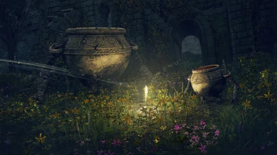 Enchanting Elden Ring Landscape with Glowing Light and Ancient Pottery Amidst Wildflowers