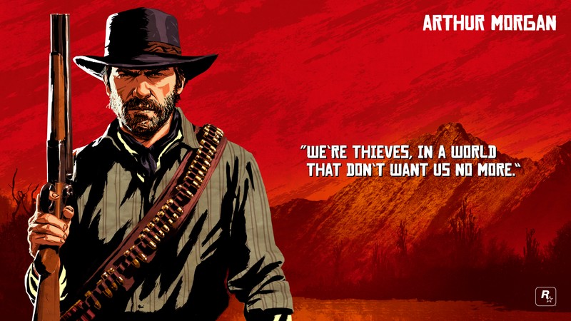 Крупный план мужчины с оружием на красном фоне (red dead redemption 2, arthur morgan quotes, цитаты rdr2, красный фон, игры)