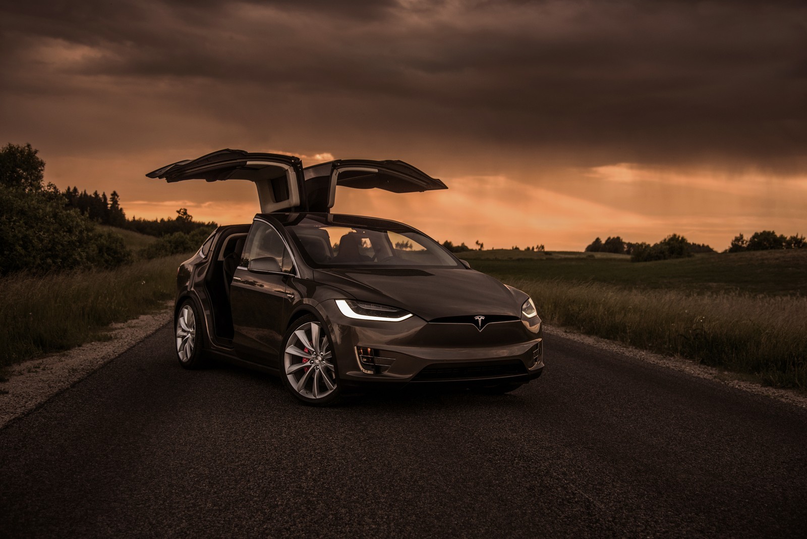 Черная машина с открытыми дверями на дороге с облачным небом (tesla model x, тесла, tesla model s, машина, электромобиль)