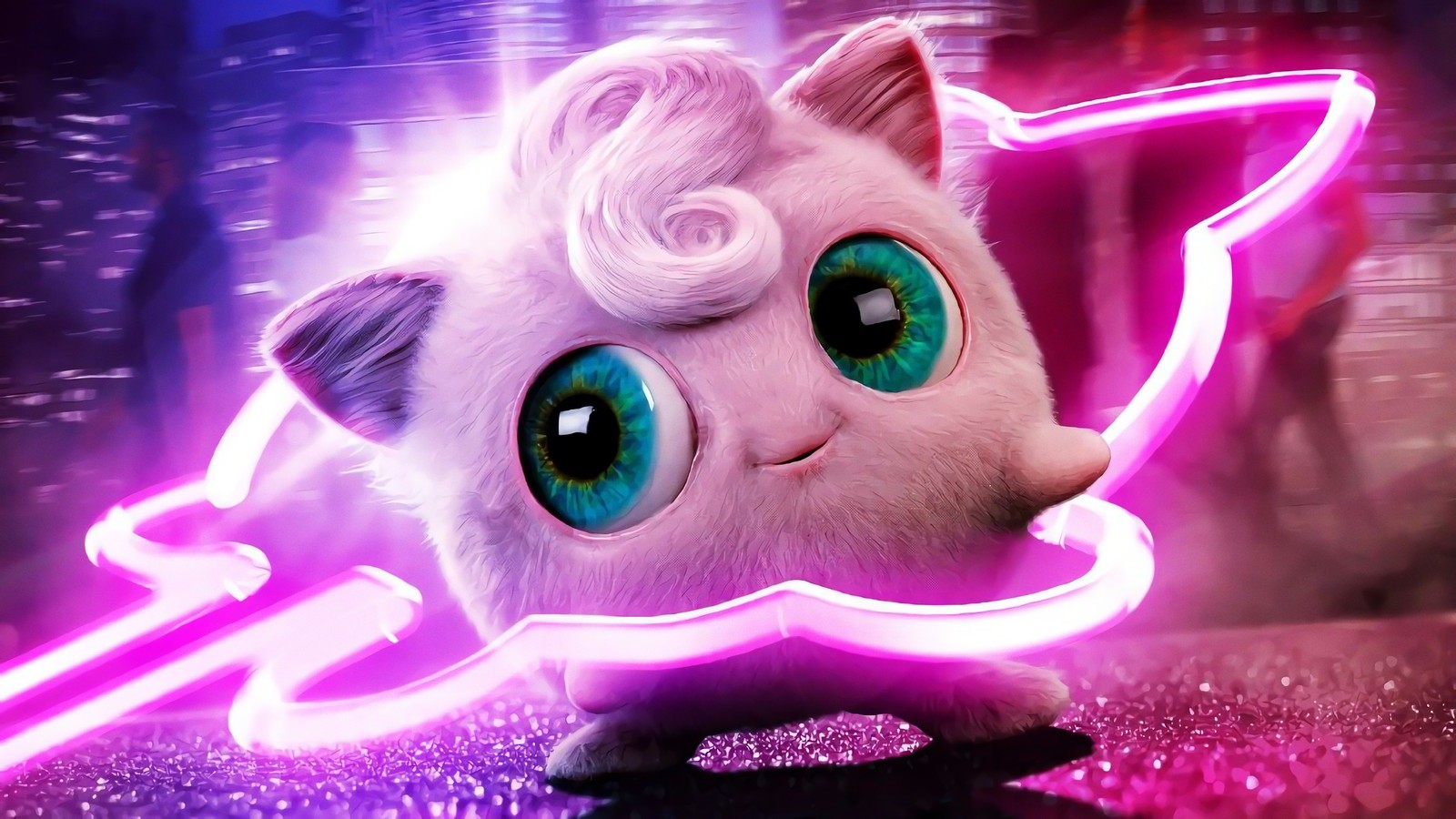 A white cat with blue eyes and a pink light (jigglypuff, pokemon detective pikachu, movie)