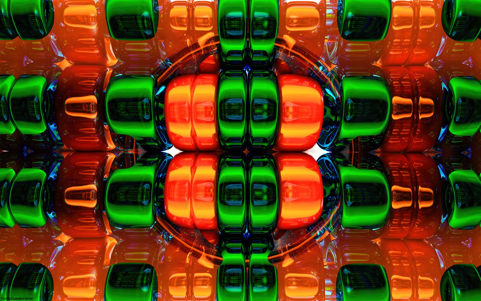 A close up of a green and orange pattern with a red background (green, colorfulness, symmetry, pattern, macro)