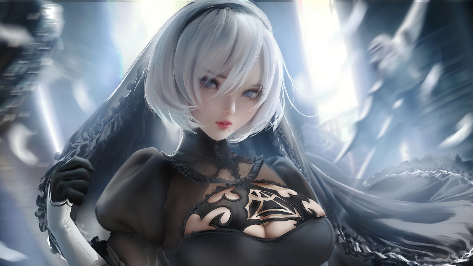 Un primer plano de una mujer en un vestido negro con cabello largo (yorha 2b, yorha no 2 tipo b, yorha no 2 type b, nier automata, videojuego)