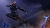 Hawkeye en acción: Salto épico con arco y flecha en el videojuego Marvel's Avenger