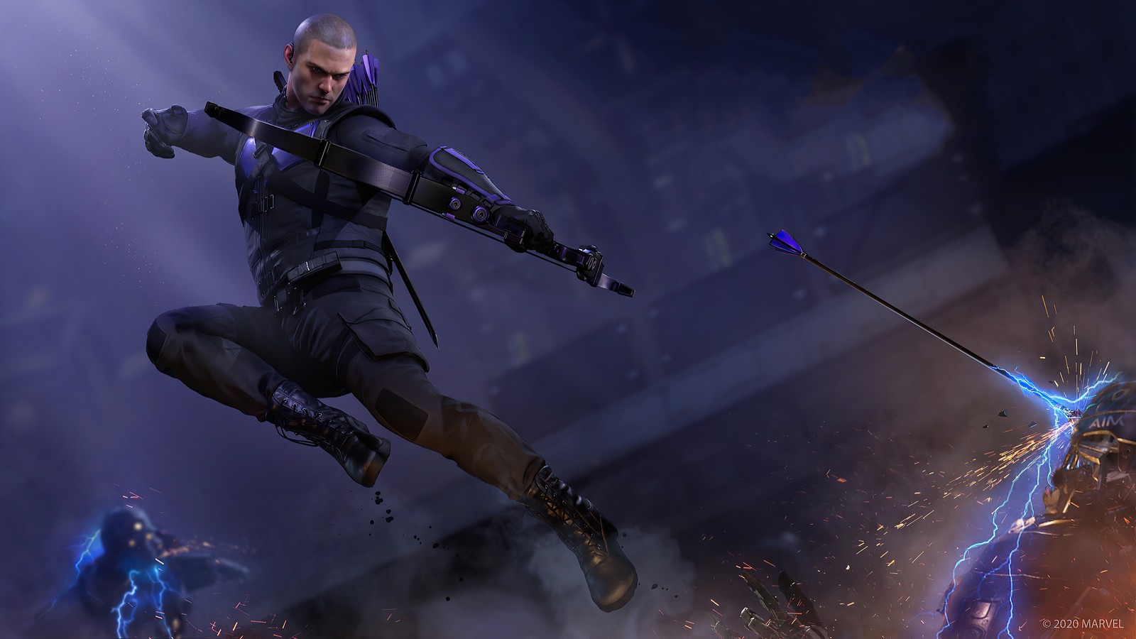 A man flying through the air with a sword and a sword (hawkeye, marvels avenger, video game)