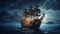 pirate ship, night, ocean, digital art wallpaper