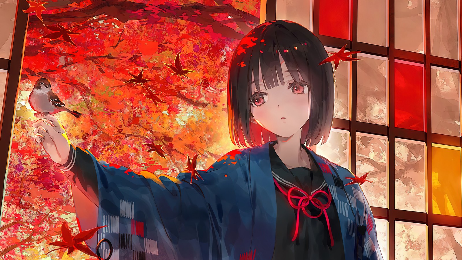 Anime, girl, bird, autumn, leaves, window, autumn leaves, girl, bird, (anime girls, anime, autumn, maple, tree)