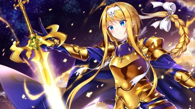 Алиса Зуберг, wielding a majestic sword in an ethereal landscape, embodying strength and grace from Sword Art Online: Alicization.