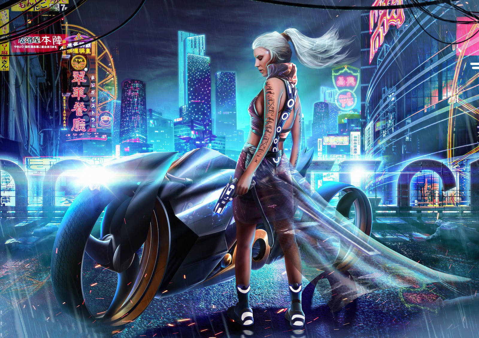 A woman in a short skirt is standing next to a motorcycle (adventure game, action adventure game, graphic design, games, design)