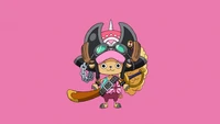 Tony Tony Chopper in vibrant pink, wearing a pirate hat and aviator goggles, wielding a sword.