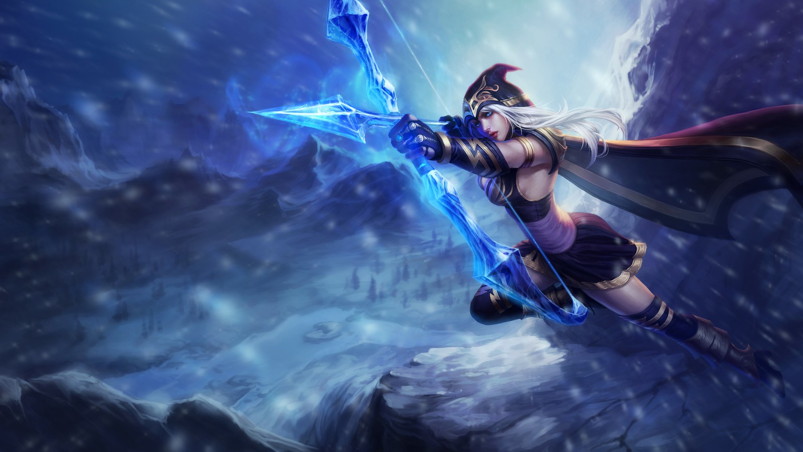 Une femme avec une épée et une cape se tenant sur une roche (ashe, league of legends, 8k, 5k, jeux)