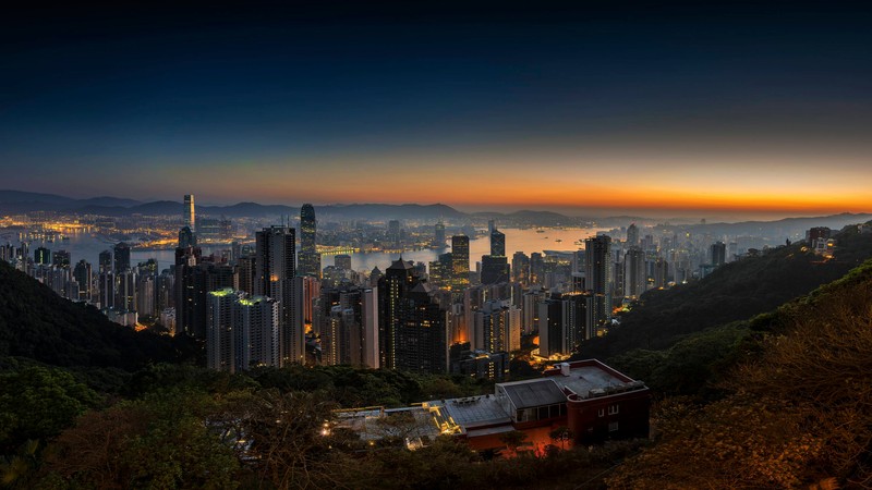 Вид на городской пейзаж ночью с холма (гонконг, hong kong, городской пейзаж, город, городская территория)