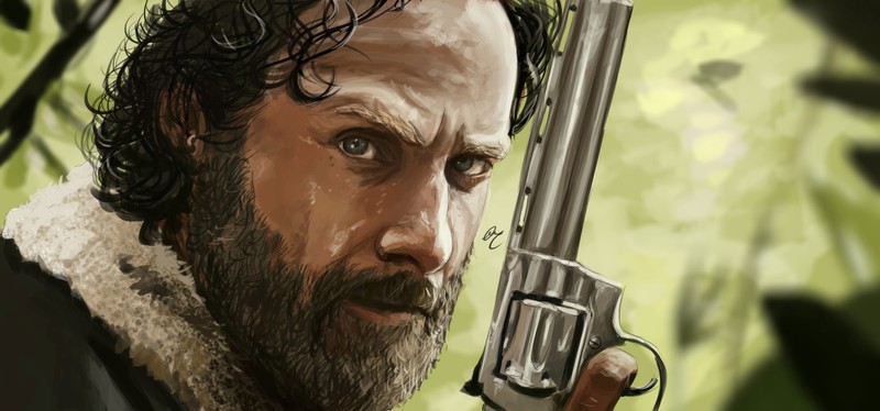 Крупный план человека, держащего пистолет в руке (рик граймс, rick grimes, ходячие мертвецы, the walking dead, искусство)