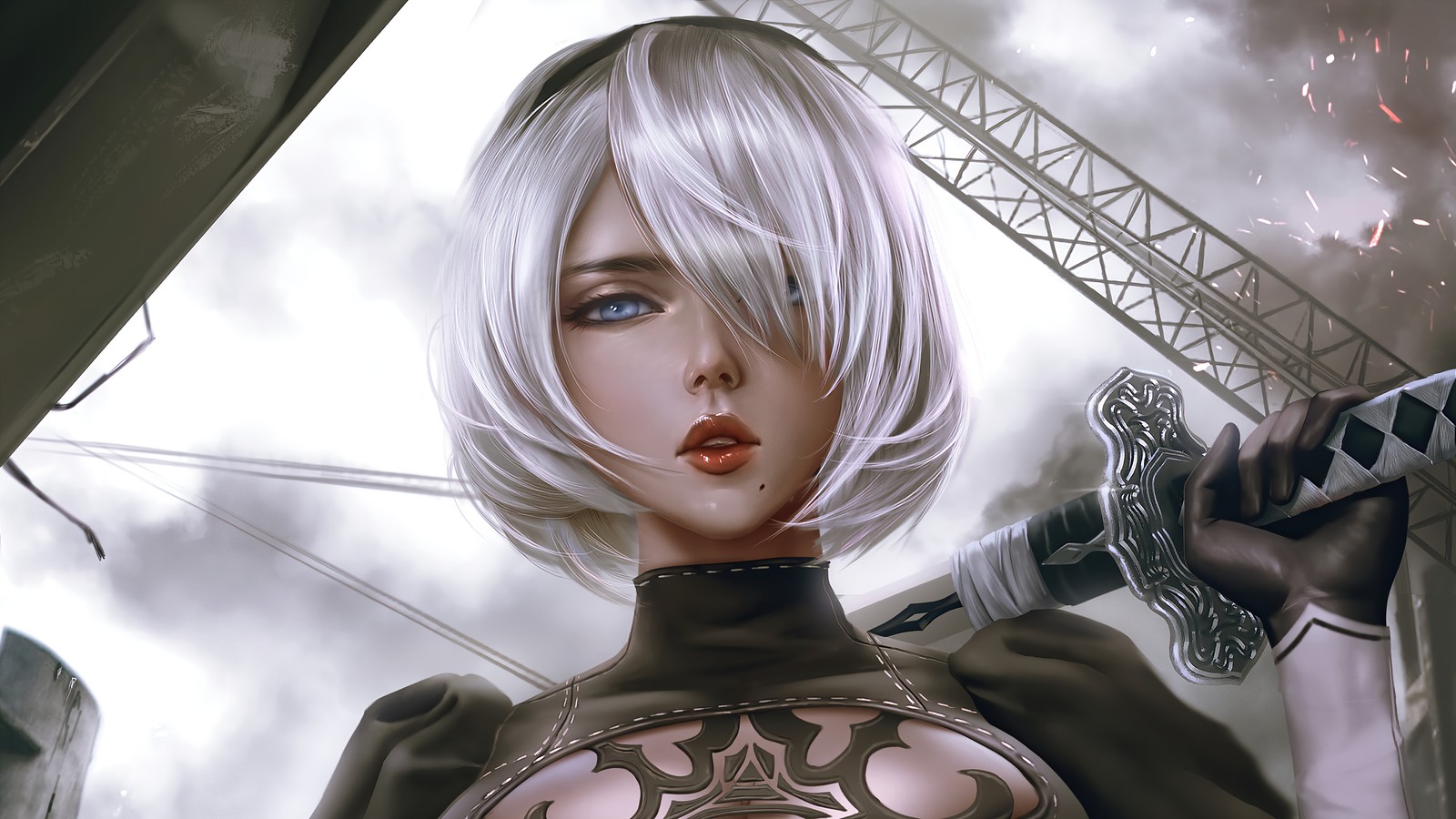 Chica de anime con cabello blanco sosteniendo una espada y un micrófono (yorha 2b, yorha no 2 tipo b, yorha no 2 type b, nier automata, videojuego)