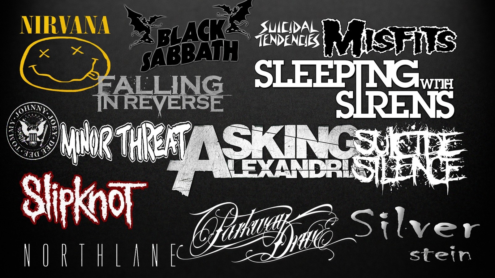 A close up of a black background with a bunch of different font styles (graphic design, calligraphy, heavy metal, text, band)