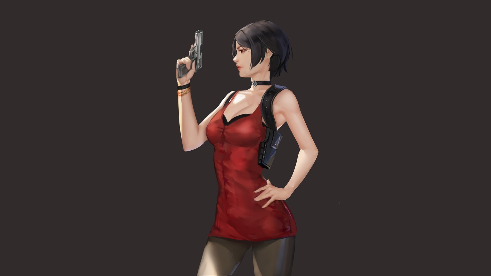 Una mujer con un vestido rojo sosteniendo un arma y un arma (ada wong, resident evil 2, videojuego, niña)