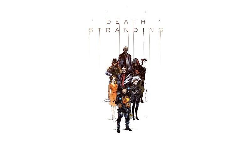 Группа людей, стоящих вокруг лошади на белом фоне (death stranding, видеоигра)