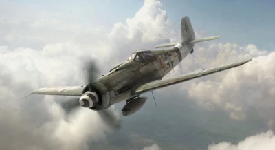 Focke Wulf FW 190 em voo entre nuvens: uma aeronave militar da era da Segunda Guerra Mundial.