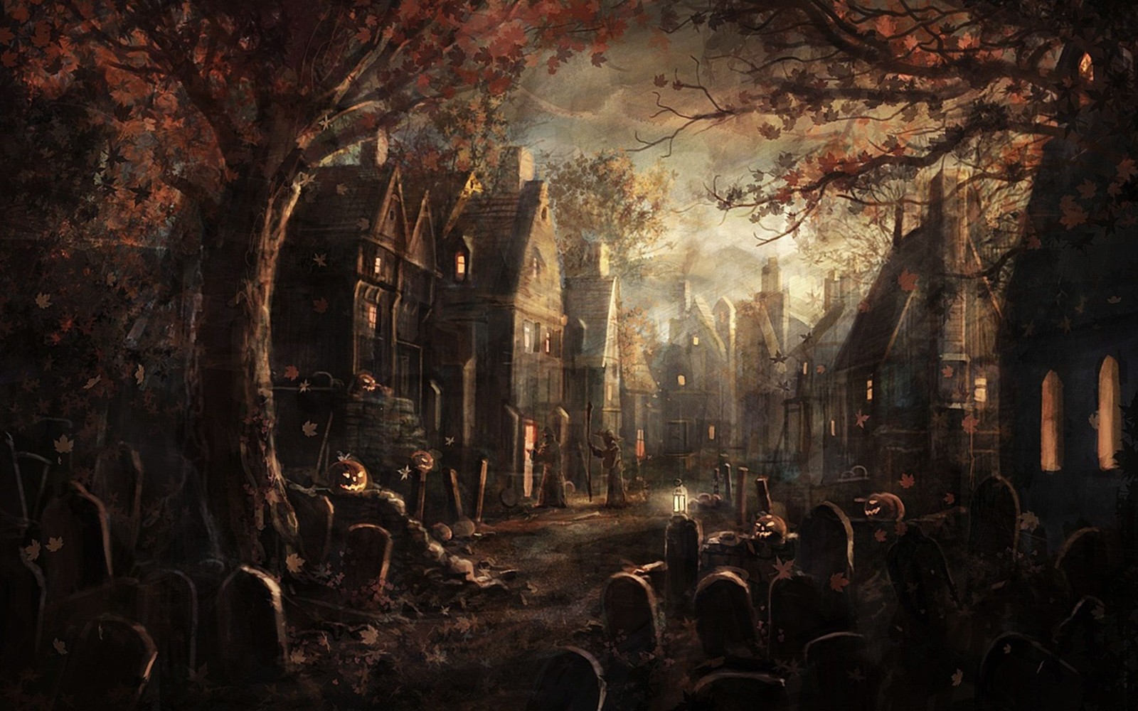 Une peinture d'un cimetière avec des tombes au premier plan (peinture, art, arts visuels, obscurité, forêt)