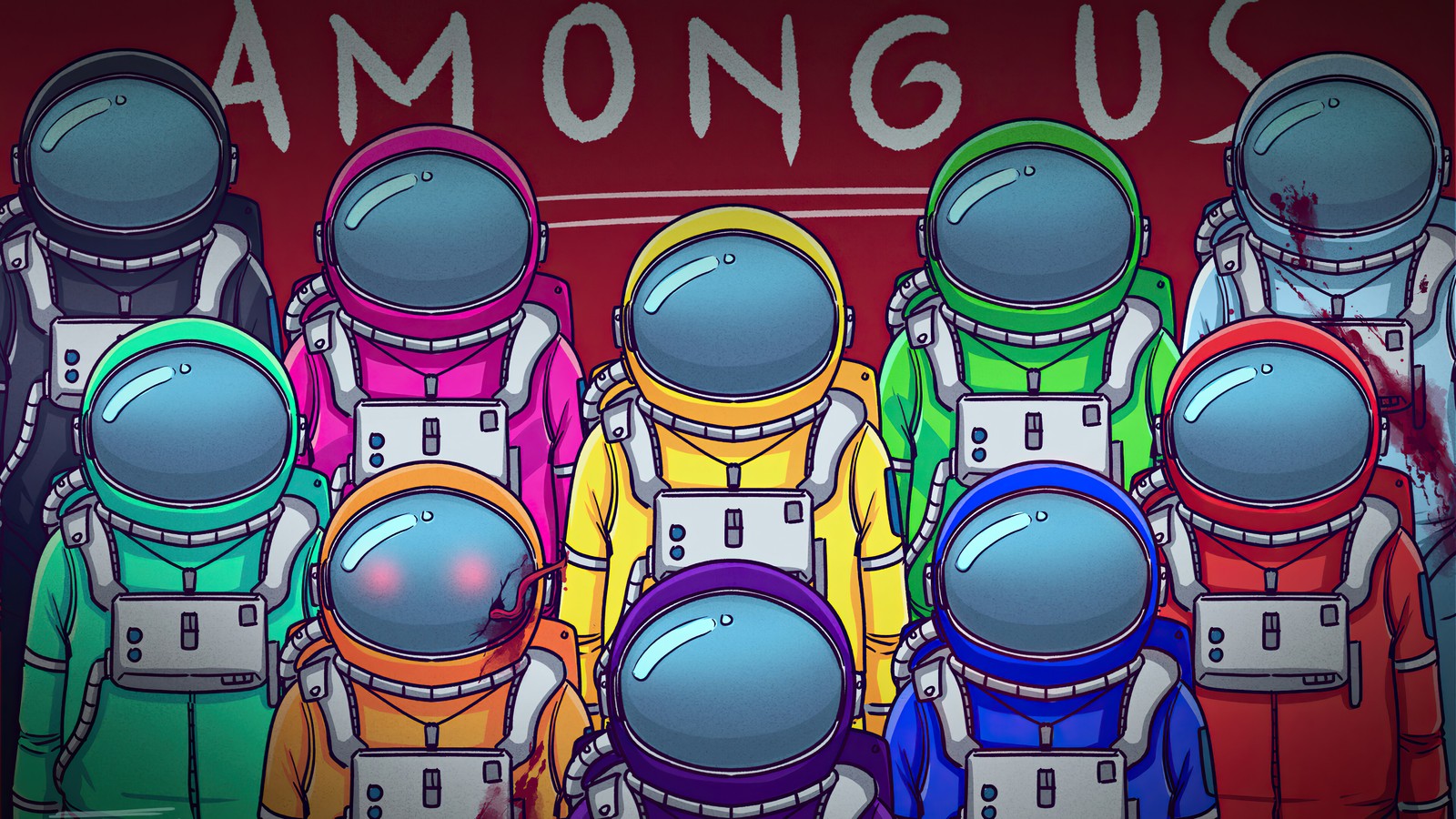 Dessin animé d'un groupe d'astronautes devant un panneau (among us, jeu vidéo, membre déquipage)