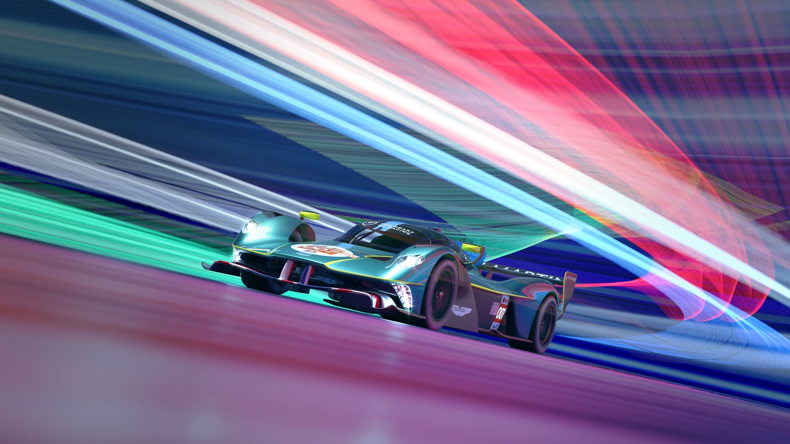 Um close em um carro de corrida na pista com movimento borrado (aston martin valkyrie, le mans hypercar, 5k, carros conceituais, colorido)