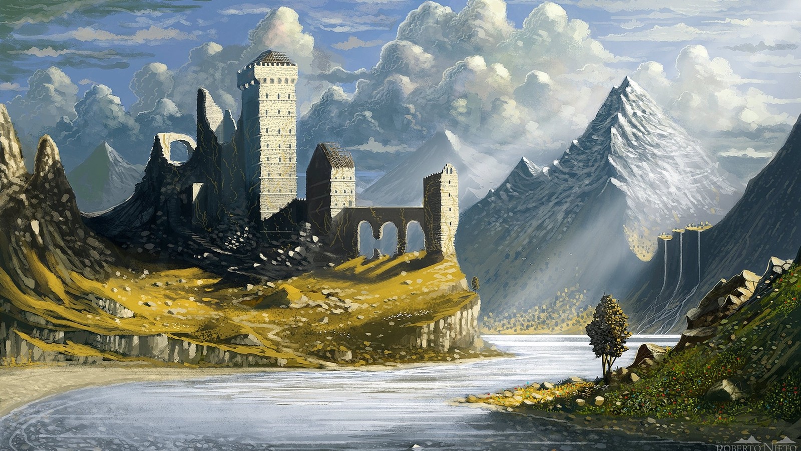 A painting of a castle on a mountain with a river in front of it (work of art, art, artist, landscape, watercolor paint)