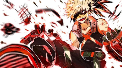 Katsuki Bakugo libera um poder explosivo em uma cena de ação dinâmica de My Hero Academia.