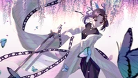 Elegant Anime Character Surrounded by Butterflies and Violet Blossoms