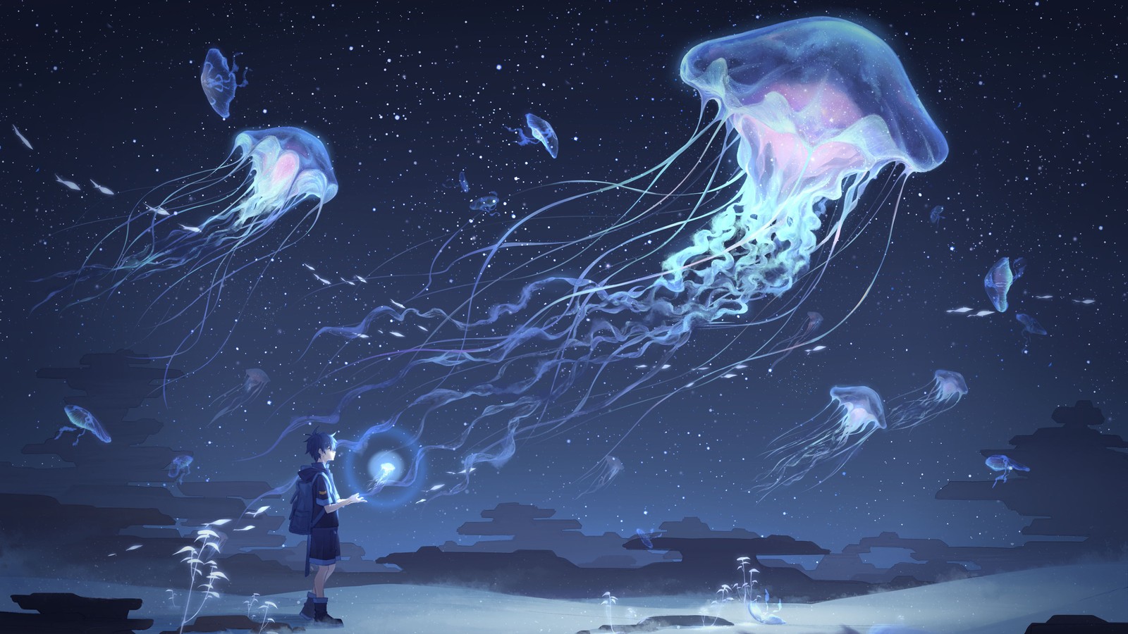 There is a man standing in front of a painting of jellyfishs (jellyfish, water, blue, light, world)