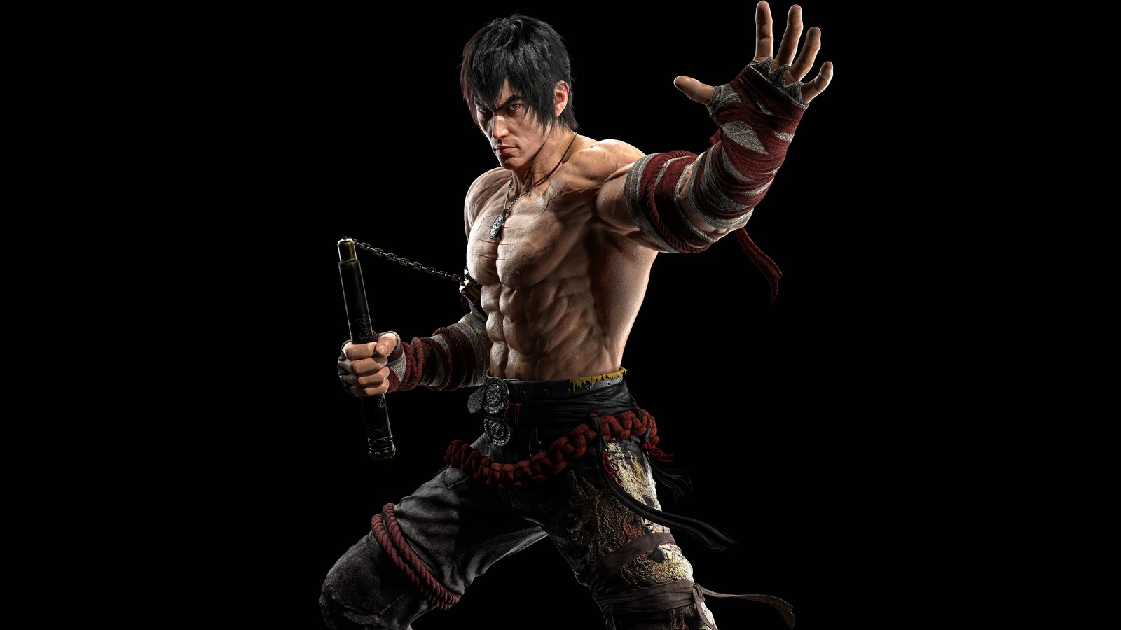 Um homem com uma espada e corpo nu em uma pose (marshall law, tekken 8, fundo preto, 5k, amoled)