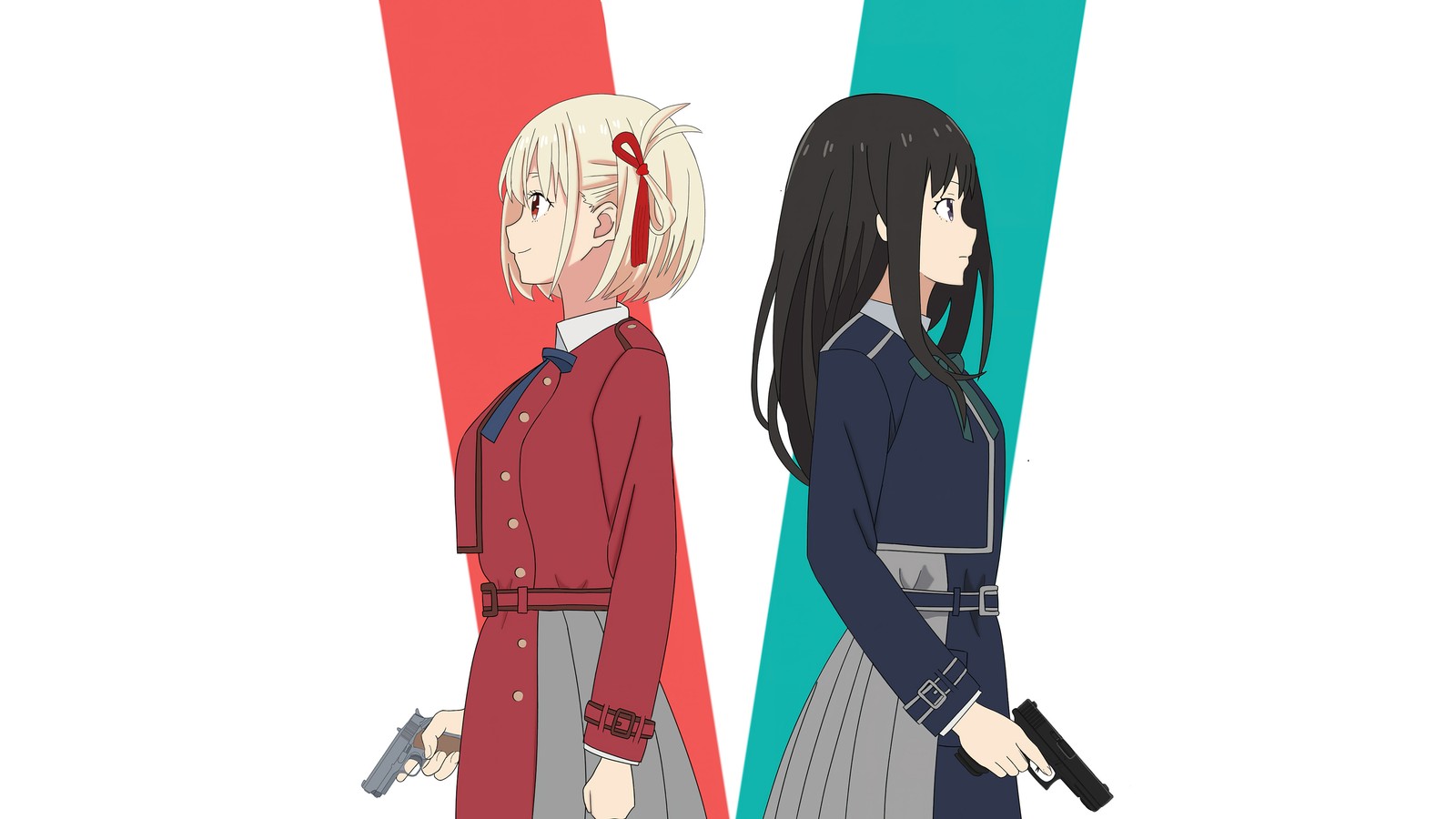 Dos personajes de anime de pie uno al lado del otro con armas (lycoris recoil, anime, chisato nishikigi, takina inoue)