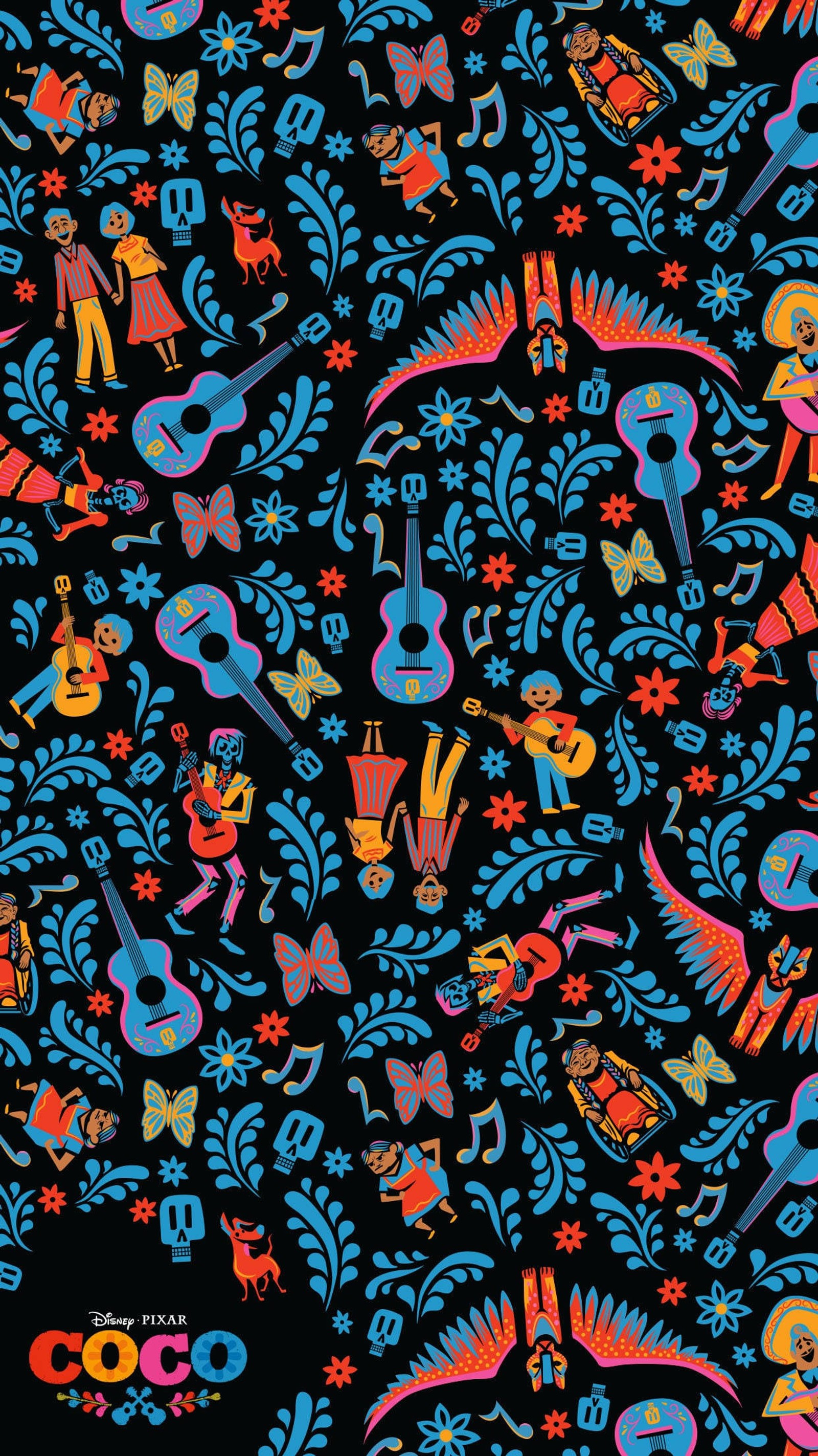 A close up of a colorful pattern of animals and flowers (pixar, poster, graphics, art, textile)