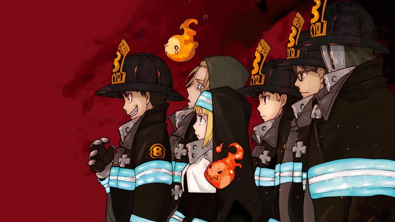 Пожарные в черной и красной форме стоят в линию (fire force, аниме, anime, огненная бригада, enen no shouboutai)