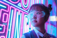 Cyberpunk-Traum: Asiatisches Mädchen im Neonlicht