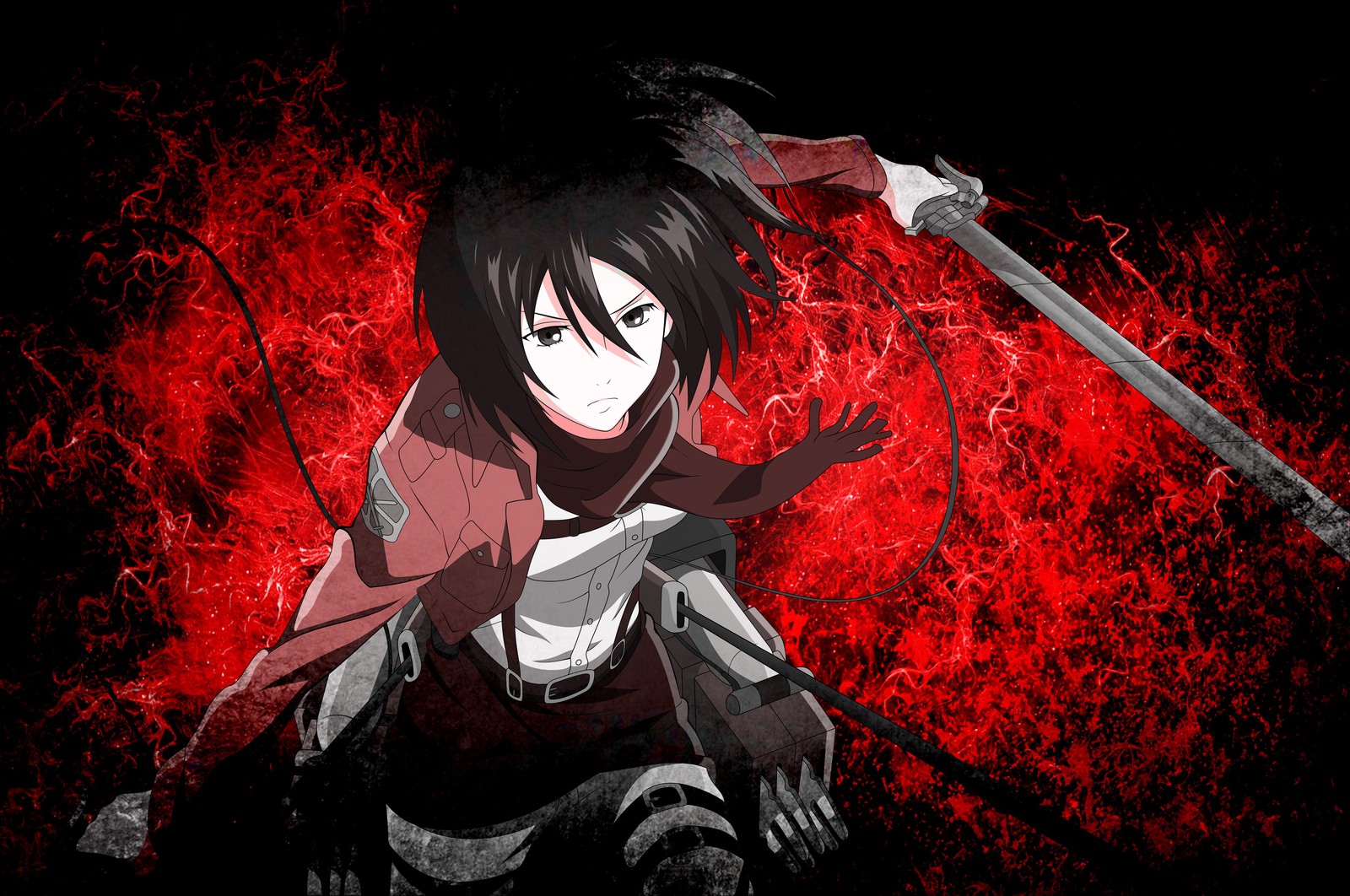 Chica de anime con una espada en la mano sobre un fondo rojo (mikasa ackerman, attack on titan, 5k, shingeki no kyojin, anime)