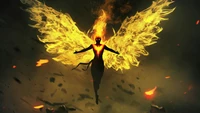 Fiery Transformation: A Winged Figure Emerges from Flames in a Dramatic Display of Power