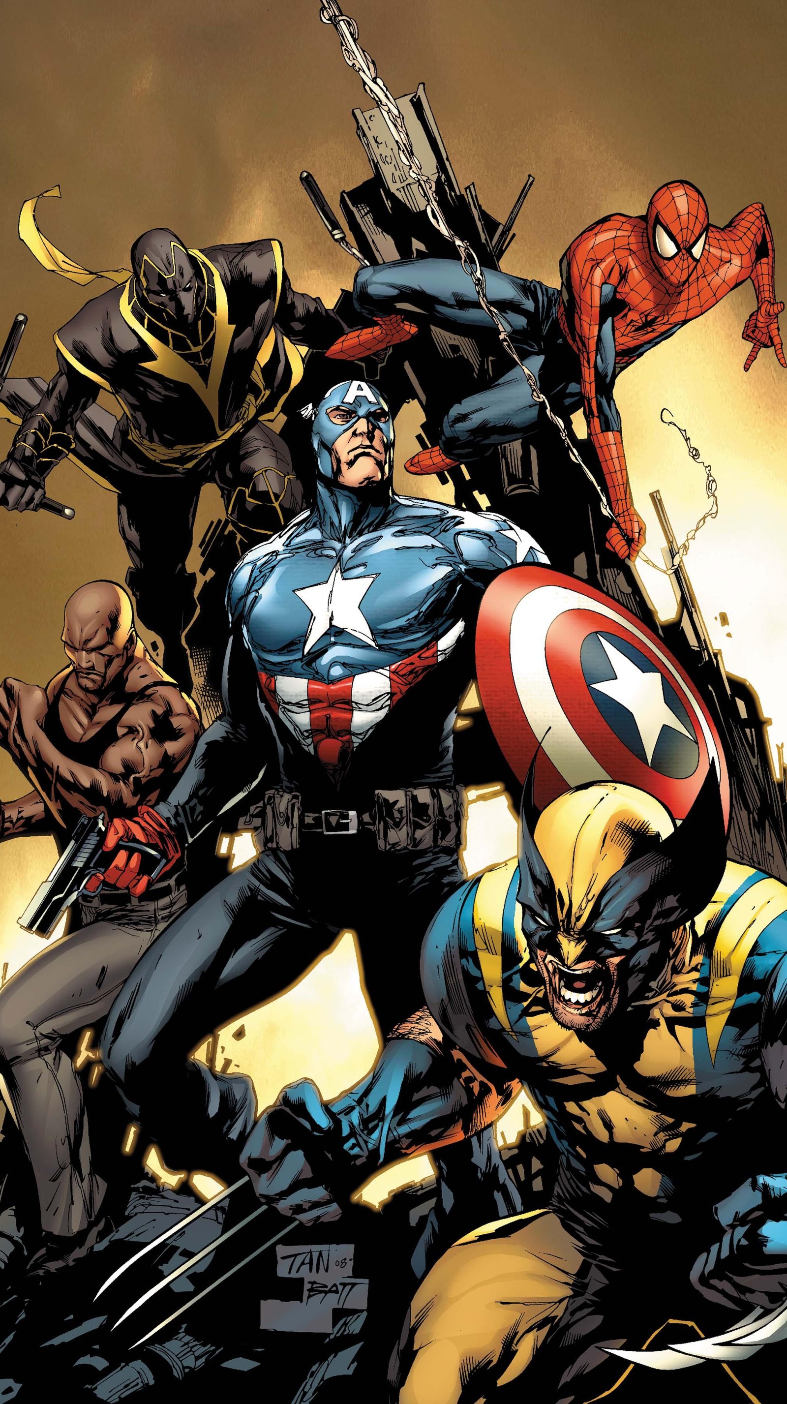 Los vengadores y wolverine luchando por un deadpool (capitán, darkdroid, luke cage, spiderman, wolverine)