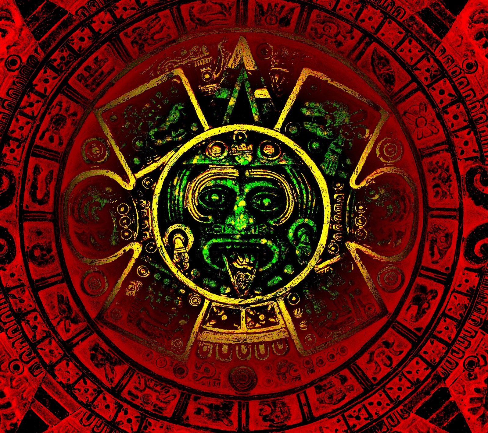 A close up of a circular design with a green and red design (abstract, ancient, design, mayan, neon)