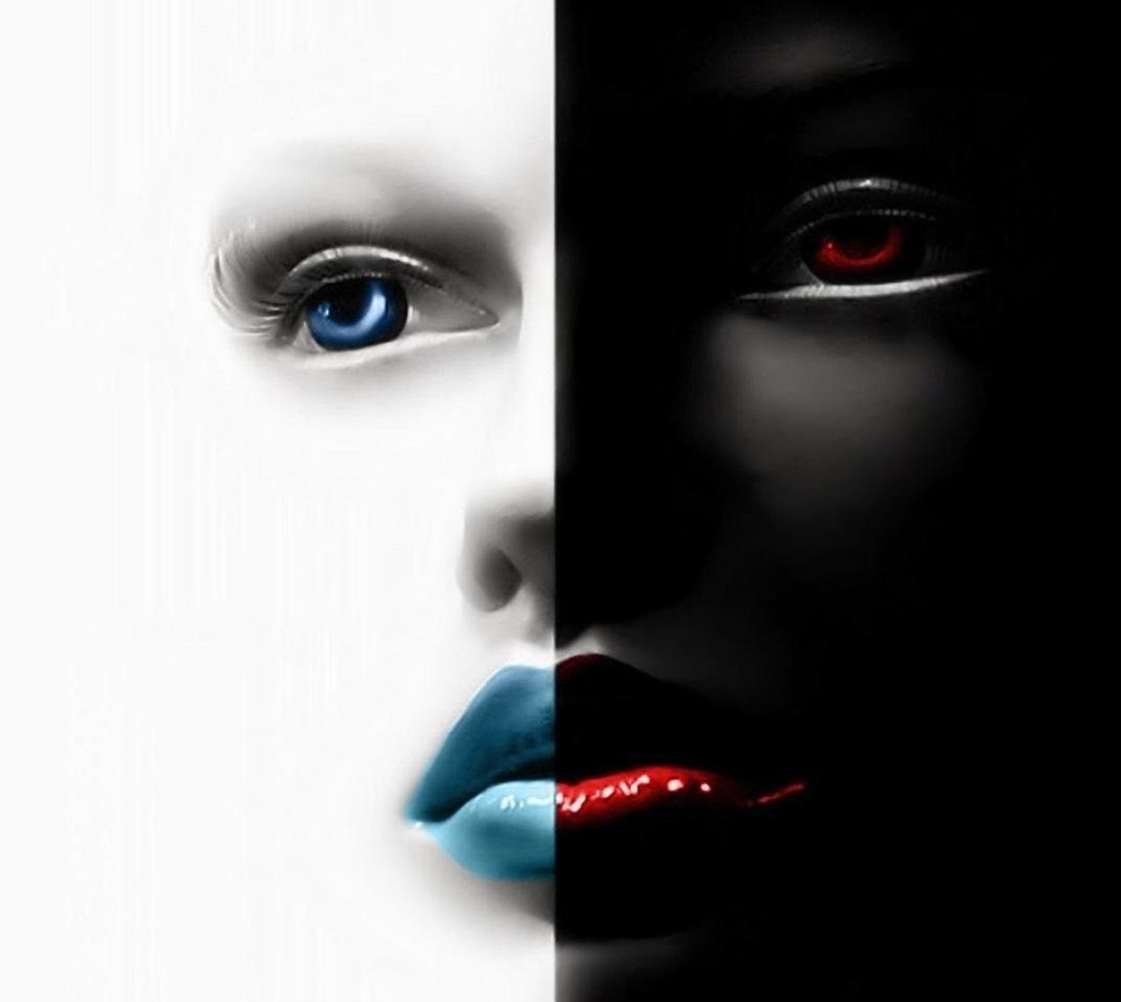 There is a woman with blue lipstick and a black and white face (angel, black and white, demon, face)