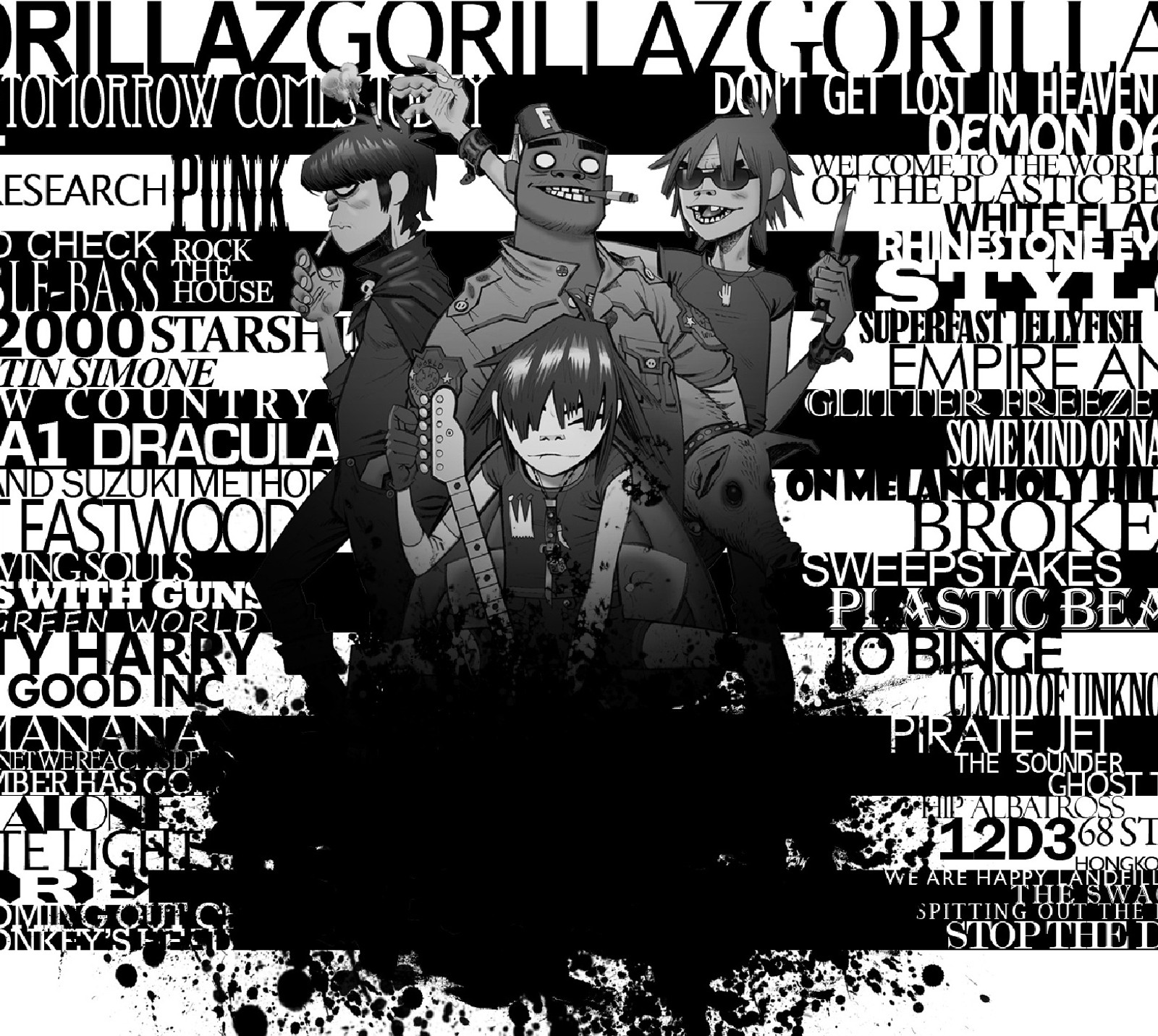 Un cartel en blanco y negro con un grupo de personas (2d, demon days, gorillaz, murdoc, fideos)