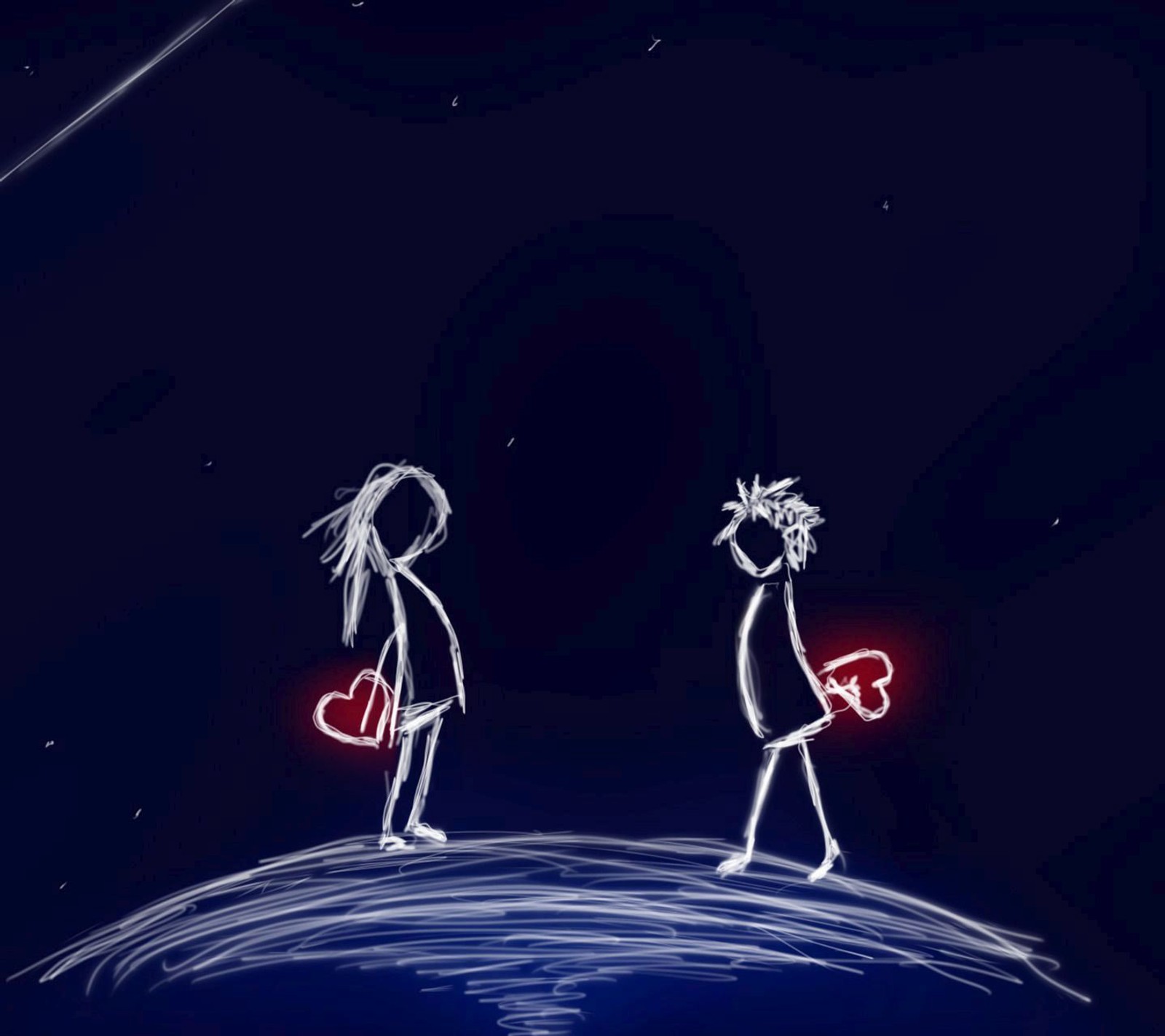 Un dessin animé de deux personnes debout sur une planète tenant un cœur dans les mains (garçon, fille, amour)