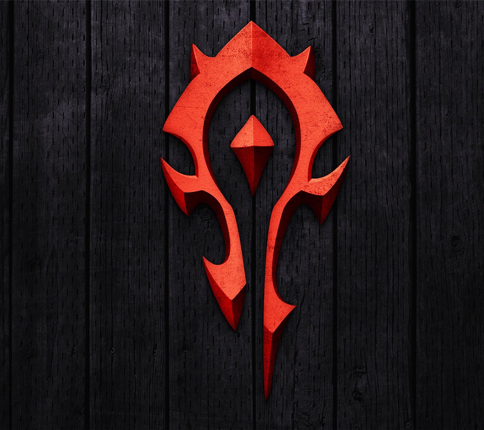 Un logo de horde rouge sur un mur en bois (jeux, logo, warcraft)