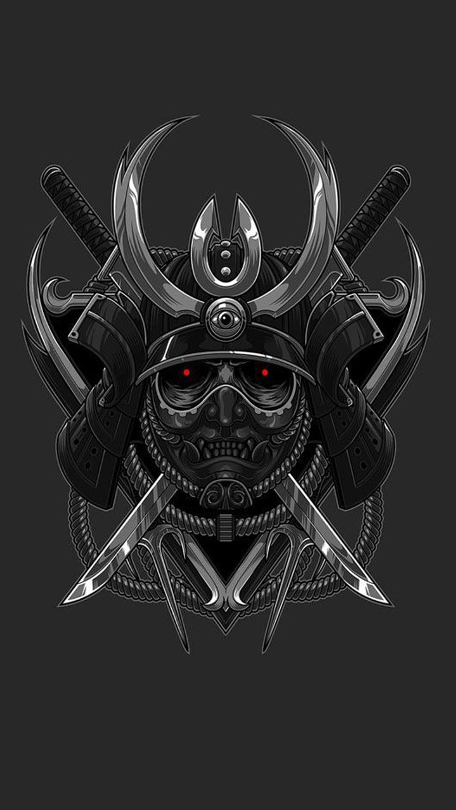 A black and white illustration of a skull with two swords (japanese warriors, russian, samurai, shield, skull)