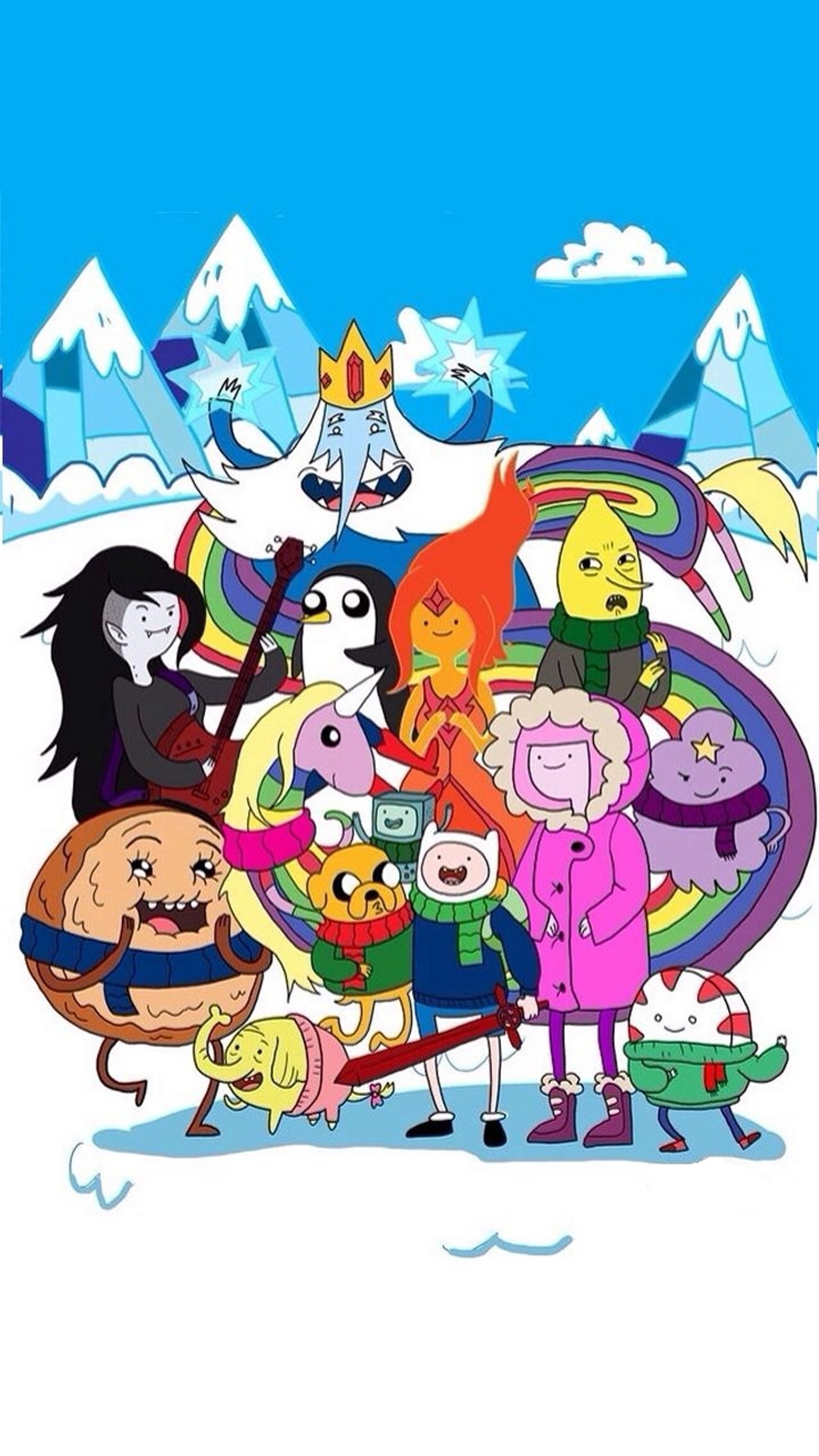 A group of cartoon characters standing in the snow with mountains in the background (adventure, cartoons)