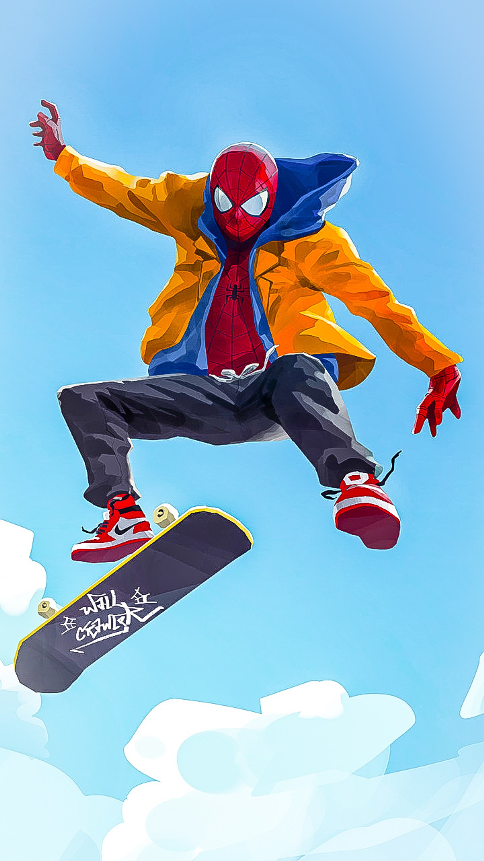 Spider-man in der luft auf einem snowboard mit ausgestreckten armen (kapitan, del, ball, super, drache)