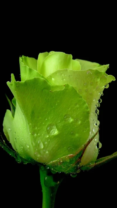 Fresh Green Rose with Dew Drops on a Black Background